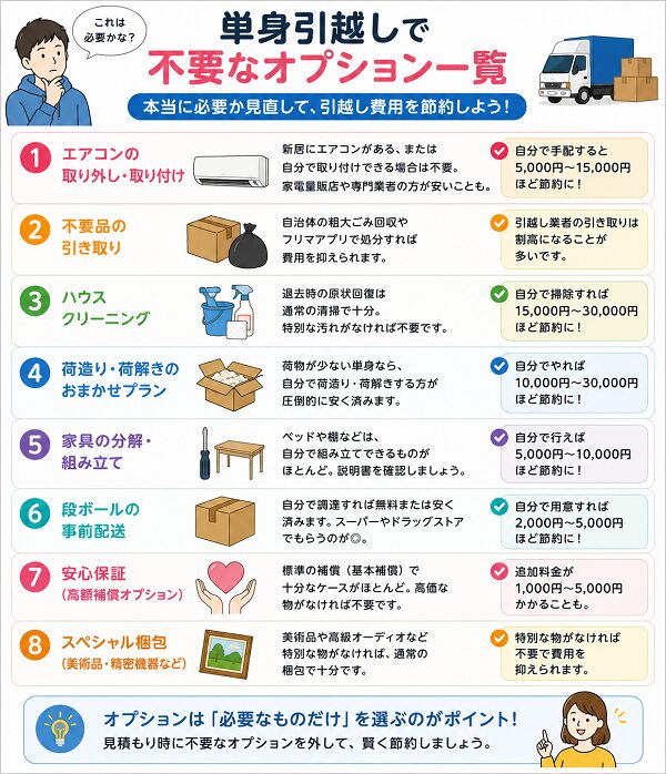 単身引越しで不要なオプション一覧