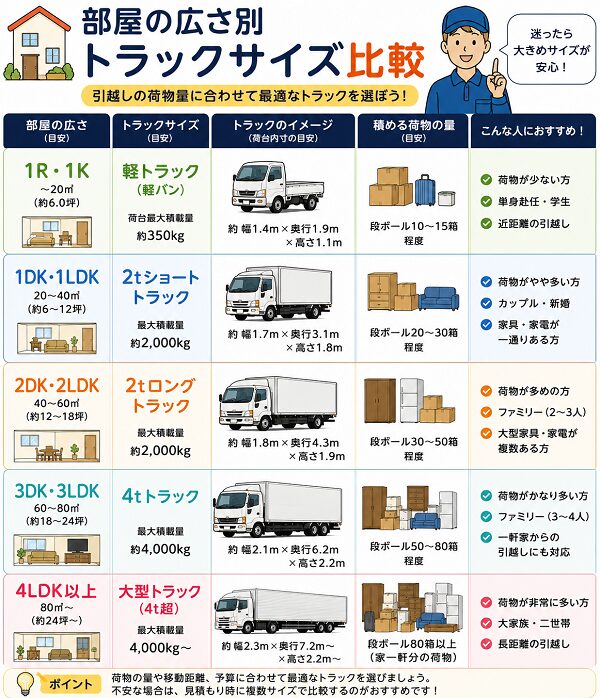 部屋の広さ別トラックサイズ比較