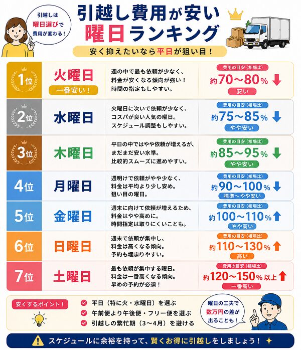 引越し費用が安い曜日ランキング