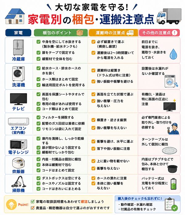 家電別の梱包・運搬注意点