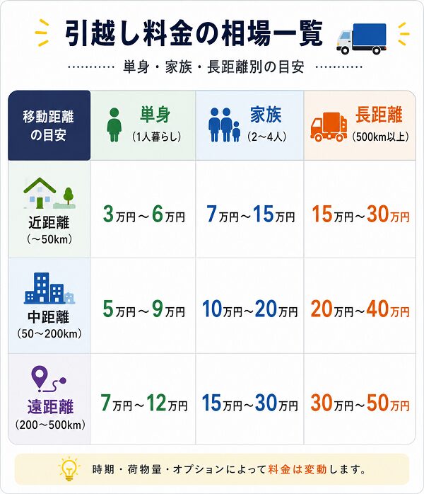 引越し料金の相場一覧