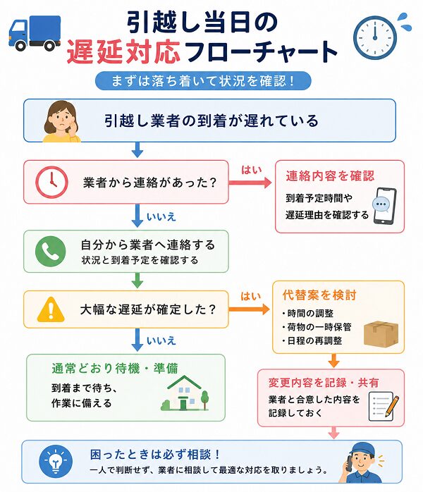 引越し当日の遅延対応フローチャート