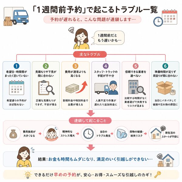 「1週間前予約」で起こるトラブル一覧(予約難・料金高騰・準備不足の関係図)