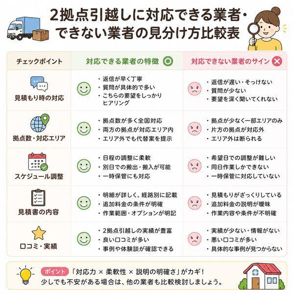2拠点引越しに対応できる業者・できない業者の見分け方比較表