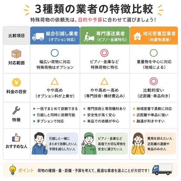 3種類の業者の特徴比較表（対応範囲・料金・おすすめな人）