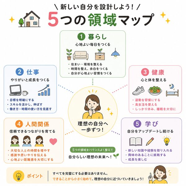 新しい自分を設計する5つの領域マップ(暮らし・仕事・健康・人間関係・学び)