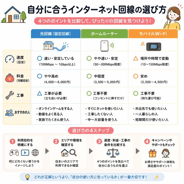 自分に合うインターネット回線の選び方(速度・料金・工事・利用目的の比較)