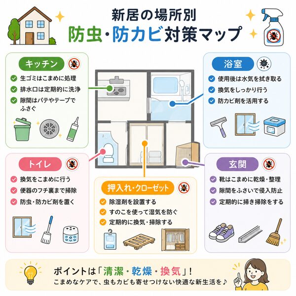 新居の場所別 防虫・防カビ対策マップ（キッチン・浴室・トイレ・押入れ・玄関）