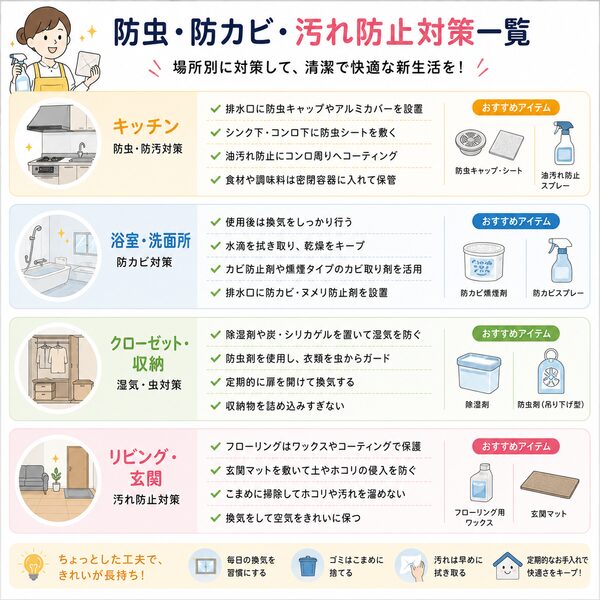 防虫・防カビ・汚れ防止対策一覧（場所別）
