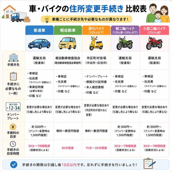 普通車・軽自動車・バイク（原付・軽二輪・小型二輪）の住所変更手続き比較表