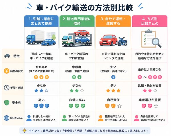 車・バイク輸送の方法別比較図