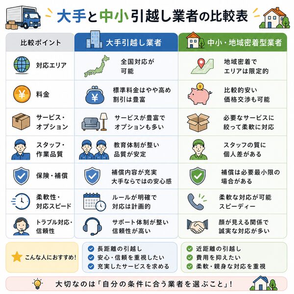 大手と中小引越し業者の比較表