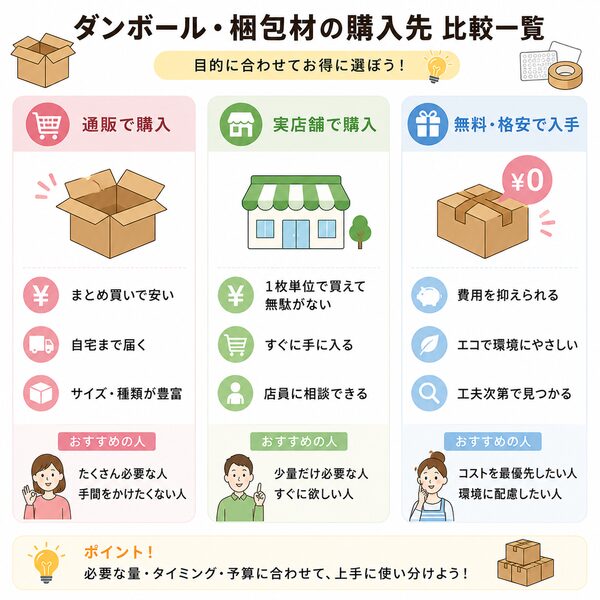 ダンボール・梱包材の購入先比較一覧（通販・実店舗・無料入手）