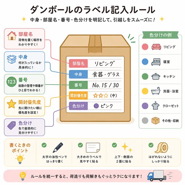ダンボールのラベル記入ルール(中身・部屋名・番号・色分け)