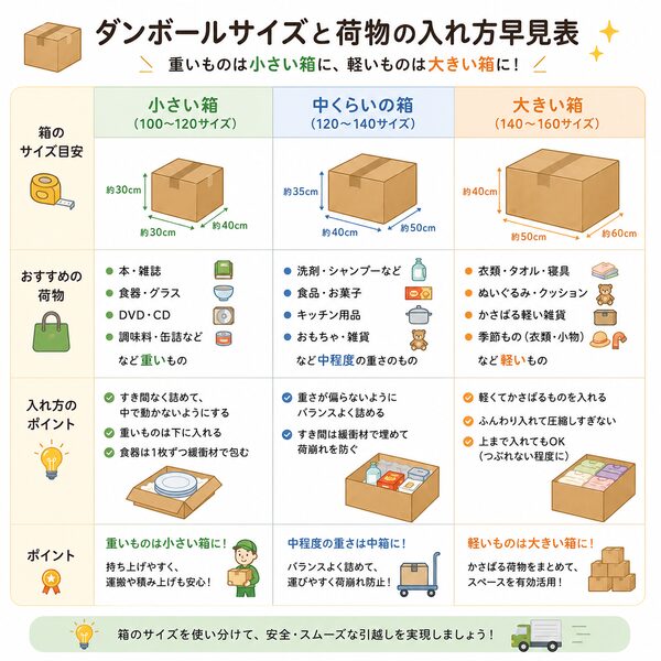 ダンボールサイズと荷物の入れ方早見表
