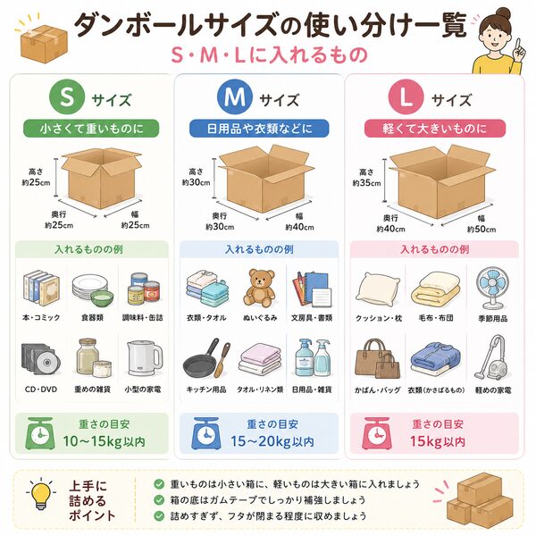 ダンボールサイズの使い分け一覧(S・M・Lに入れるもの)