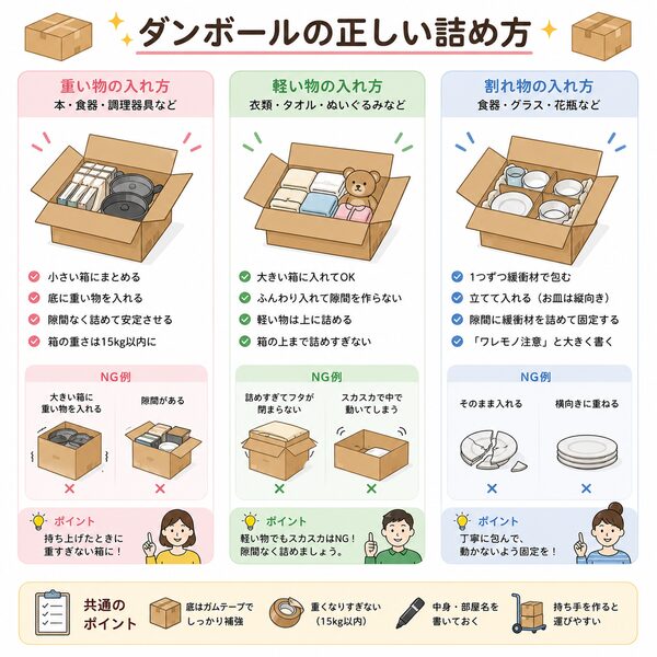 ダンボールの正しい詰め方(重い物・軽い物・割れ物の入れ方)