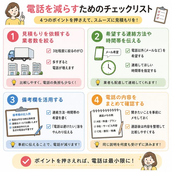 電話を減らすためのチェックリスト(業者数・連絡方法・備考欄・電話内容整理)