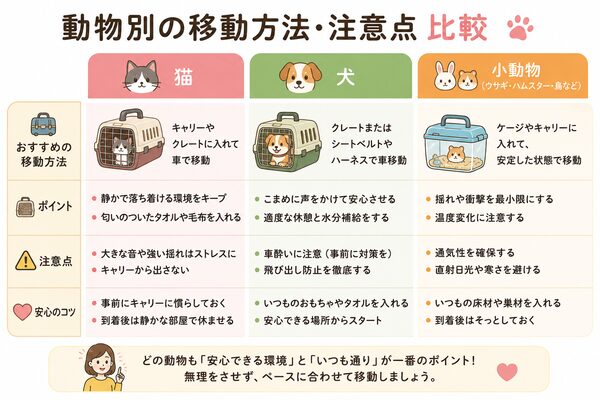 動物別の移動方法・注意点比較（猫・犬・小動物）