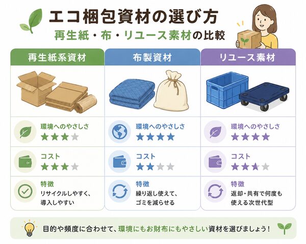 エコ梱包資材の選び方（再生紙・布・リユース素材の比較図）