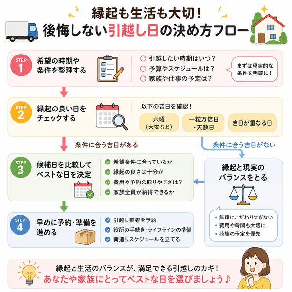 縁起も生活も大切!後悔しない引越し日の決め方フロー