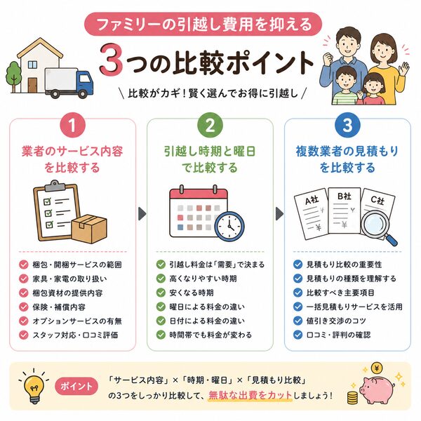 ファミリー引越し費用を抑える3つの比較ポイント（全体ロードマップ）