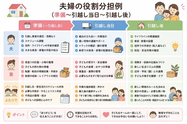 夫婦の役割分担例(準備〜引越し当日〜引越し後)