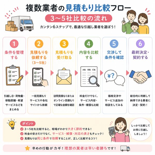 複数業者の見積もり比較フロー（3〜5社比較の流れ）