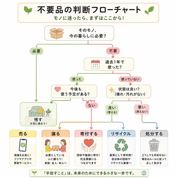不要品の判断フローチャート(残す・売る・譲る・寄付・リサイクル・処分)
