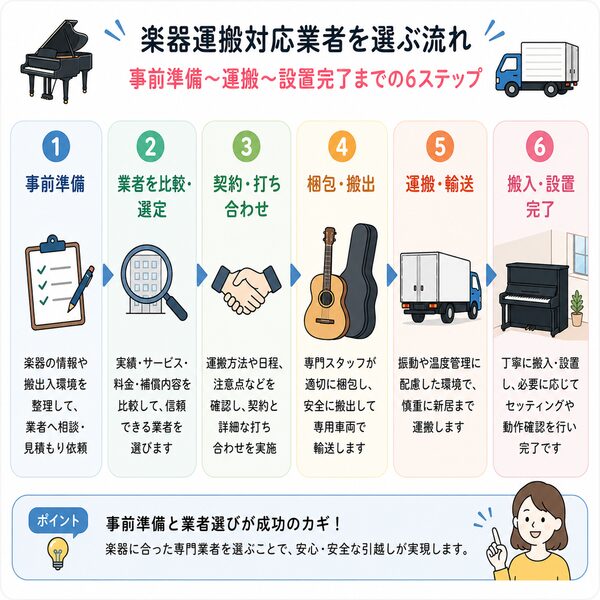 楽器運搬対応業者を選ぶ流れ(事前準備〜運搬〜設置完了)
