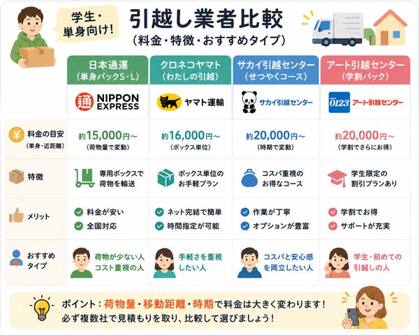 学生・単身向け引越し業者比較（料金・特徴・おすすめタイプ）