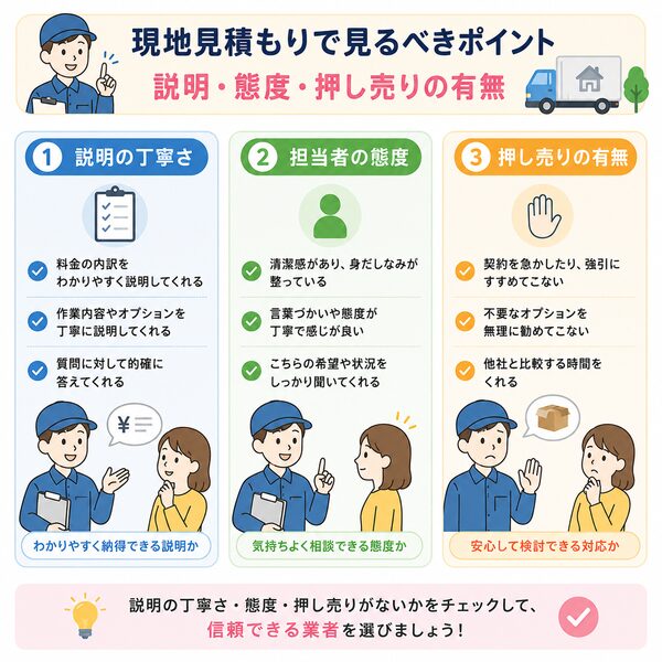 現地見積もりで見るべきポイント（説明・態度・押し売りの有無）