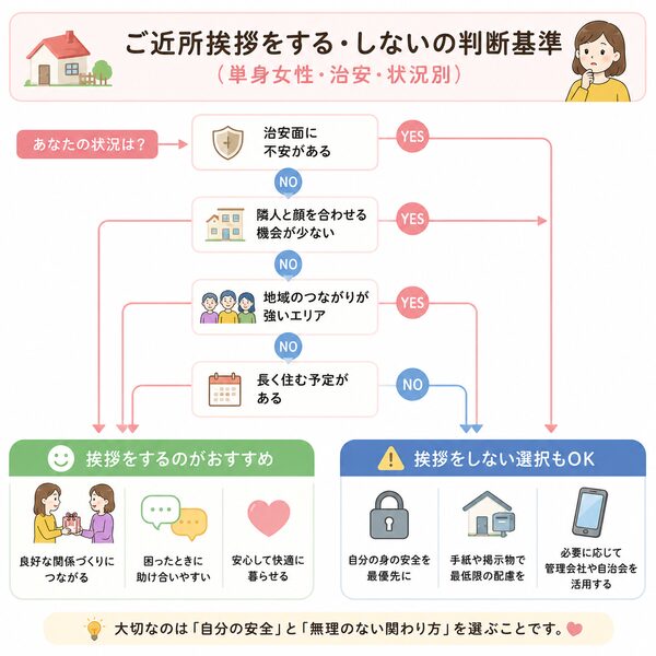 ご近所挨拶をする・しないの判断基準（単身女性・治安・状況別）