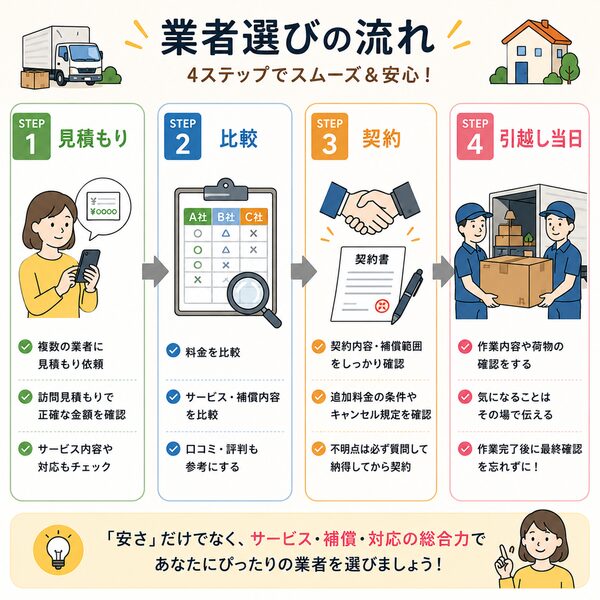 業者選びの流れ(見積もり→比較→契約→引越し当日)