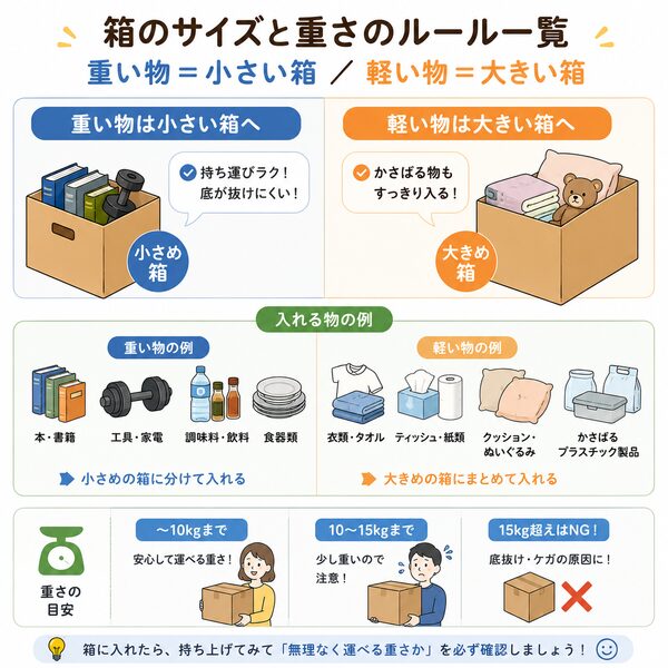 箱のサイズと重さのルール一覧（重い物＝小さい箱／軽い物＝大きい箱）