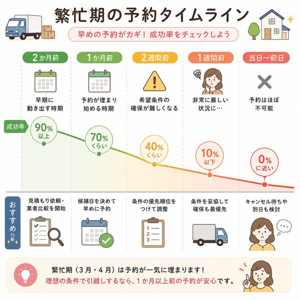 繁忙期の予約タイムライン(2か月前〜引越し当日までの予約成功率イメージ)