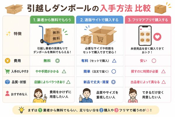 引越しダンボールの入手方法比較