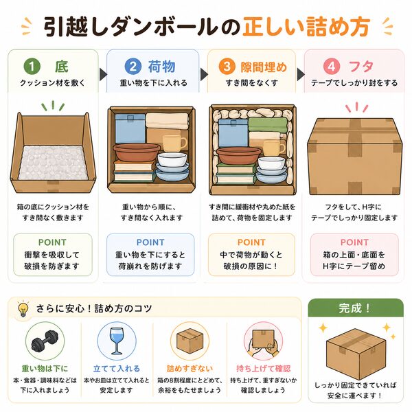 引越しダンボールの正しい詰め方（底→荷物→隙間埋め→フタ）の断面図