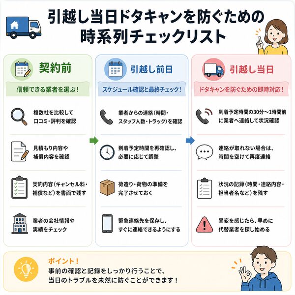 引越し当日ドタキャンを防ぐための時系列チェックリスト