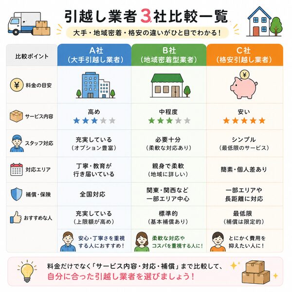 3社比較一覧(大手・地域密着・格安の違い)