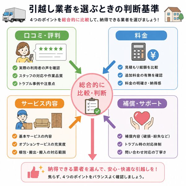 引越し業者を選ぶときの判断基準(口コミ+料金+サービス+補償の関係図)