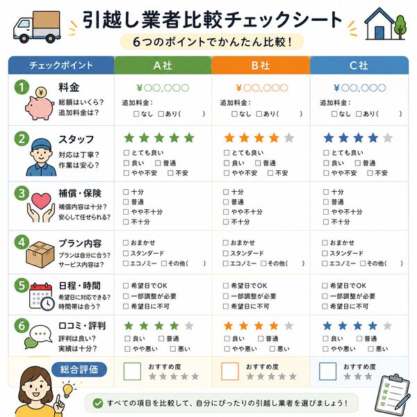 引越し業者比較チェックシート(料金・スタッフ・補償・プラン・日程・口コミ)