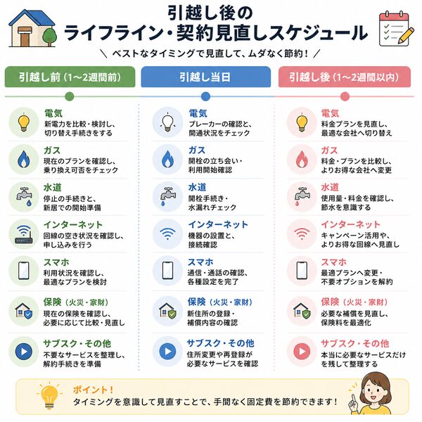 引越し後のライフライン・契約見直しスケジュール（引越し前〜当日〜引越し後）