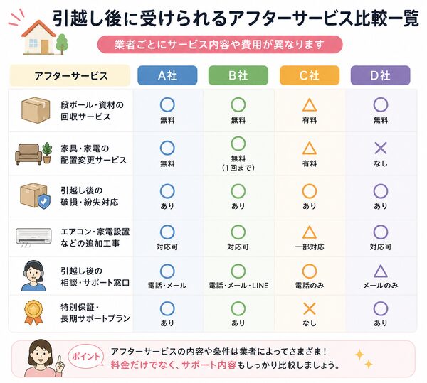 引越し後に受けられるアフターサービス比較一覧