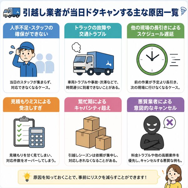 引越し業者が当日ドタキャンする主な原因一覧