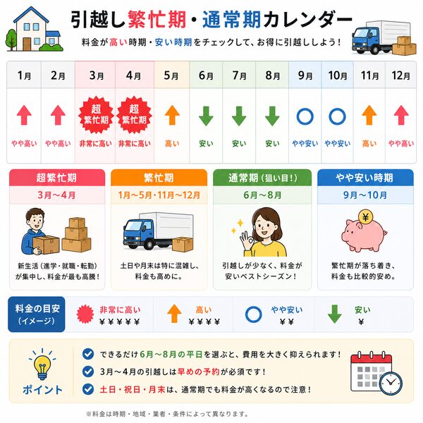 引越し繁忙期・通常期カレンダー（料金が高い時期・安い時期早見表）
