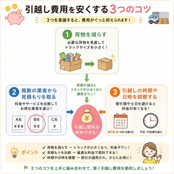 引越し費用を安くする方法まとめ（荷物削減・相見積もり・時期調整の関係図）