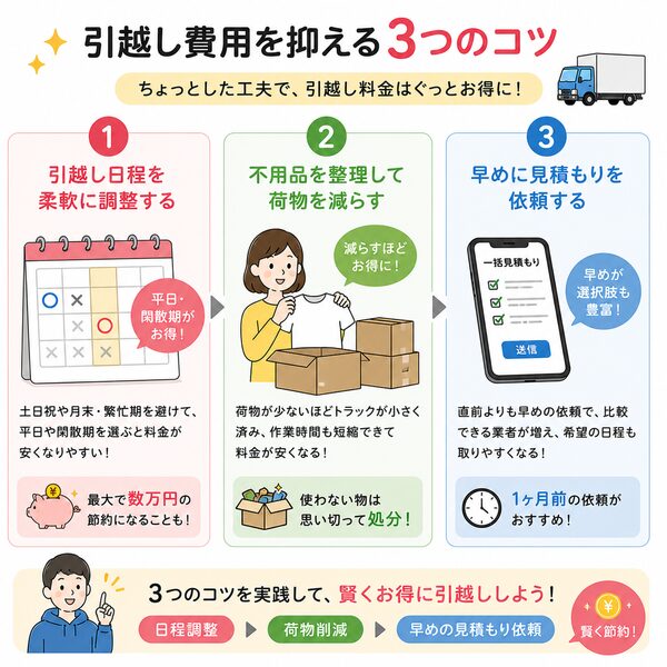 引越し費用を抑える3つのコツ（日程調整→荷物削減→早めの見積もり依頼）