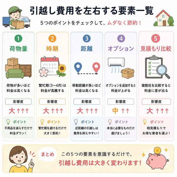 引越し費用を左右する要素一覧(荷物量・時期・距離・オプション・見積もり比較)