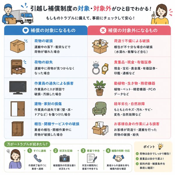 引越し補償制度の対象・対象外がひと目で分かる比較表